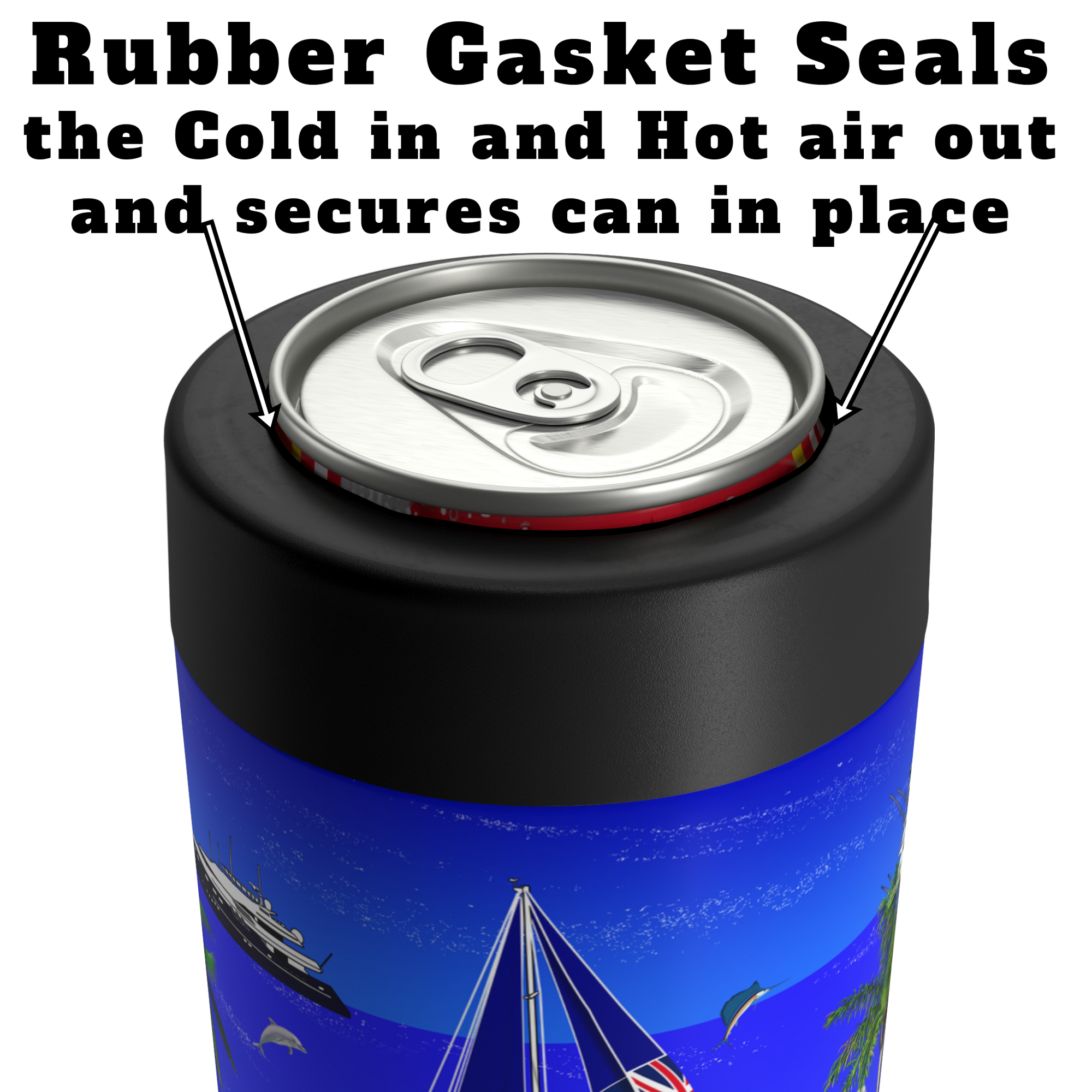 Yacht Merch | Custom Can Cooler | Rubber Gasket seals | Cold in - Hot air out | Top View