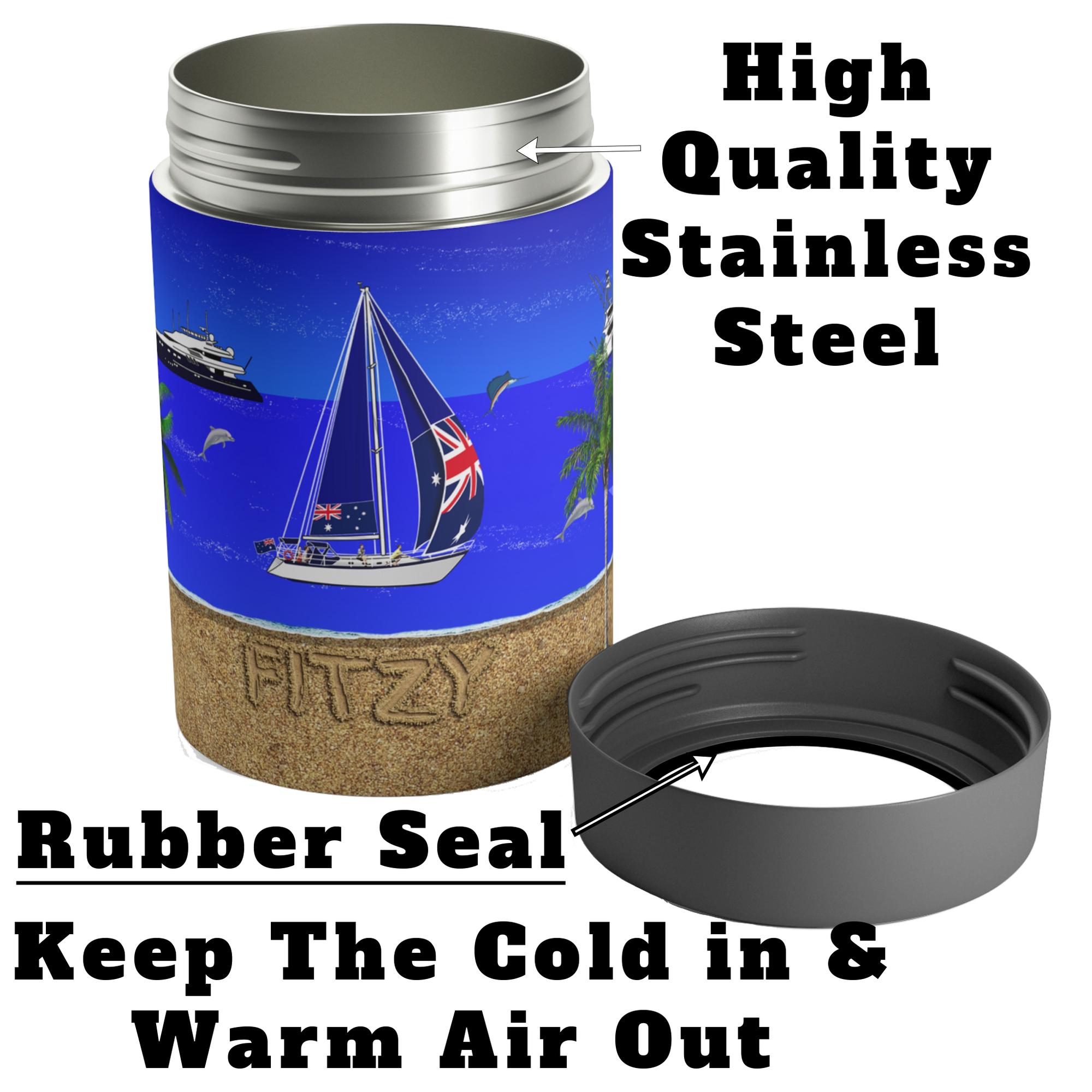 Yacht Merch | Custom Can Cooler | Vacuum sealed tumblers | Lid Off