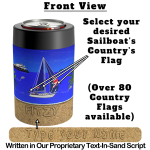 Yacht Merch | Custom Can Cooler | boating Tumblers | Sailboat with country's flags on Sail | type your name | Front View